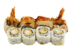 SUZUKI (Gamberi in tempura,philadelphia,esterno con branzino flambato,punta di salsa sriracha salsa teriyaki e erba cipollina 8PZ)